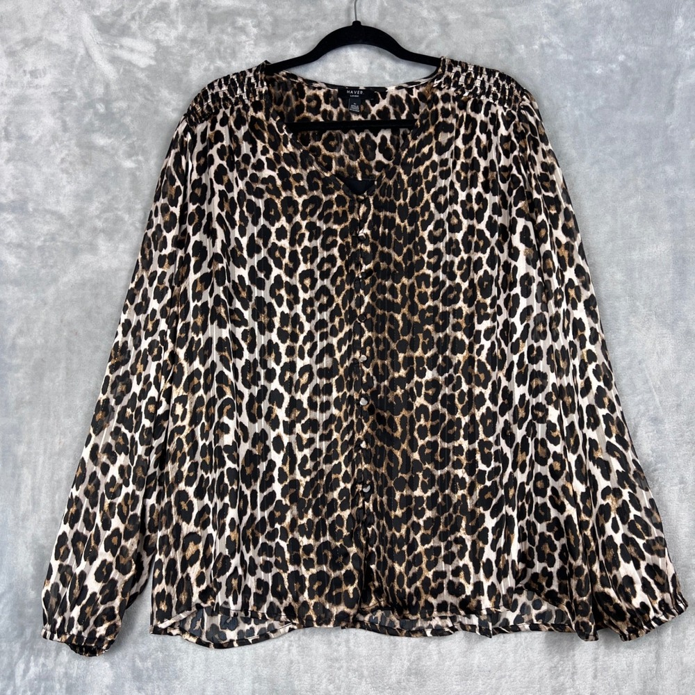 HAVER‎ London Women Leopard Print Smocked Neck Blouse Top Size 1X Gold Metallic